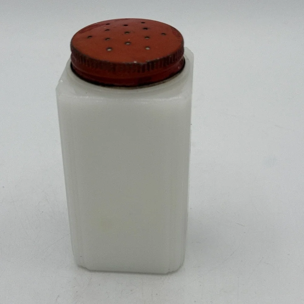 Vintage McKee Tipp City Milk Glass Salt Shaker Flower Pot Red Metal Lid 4